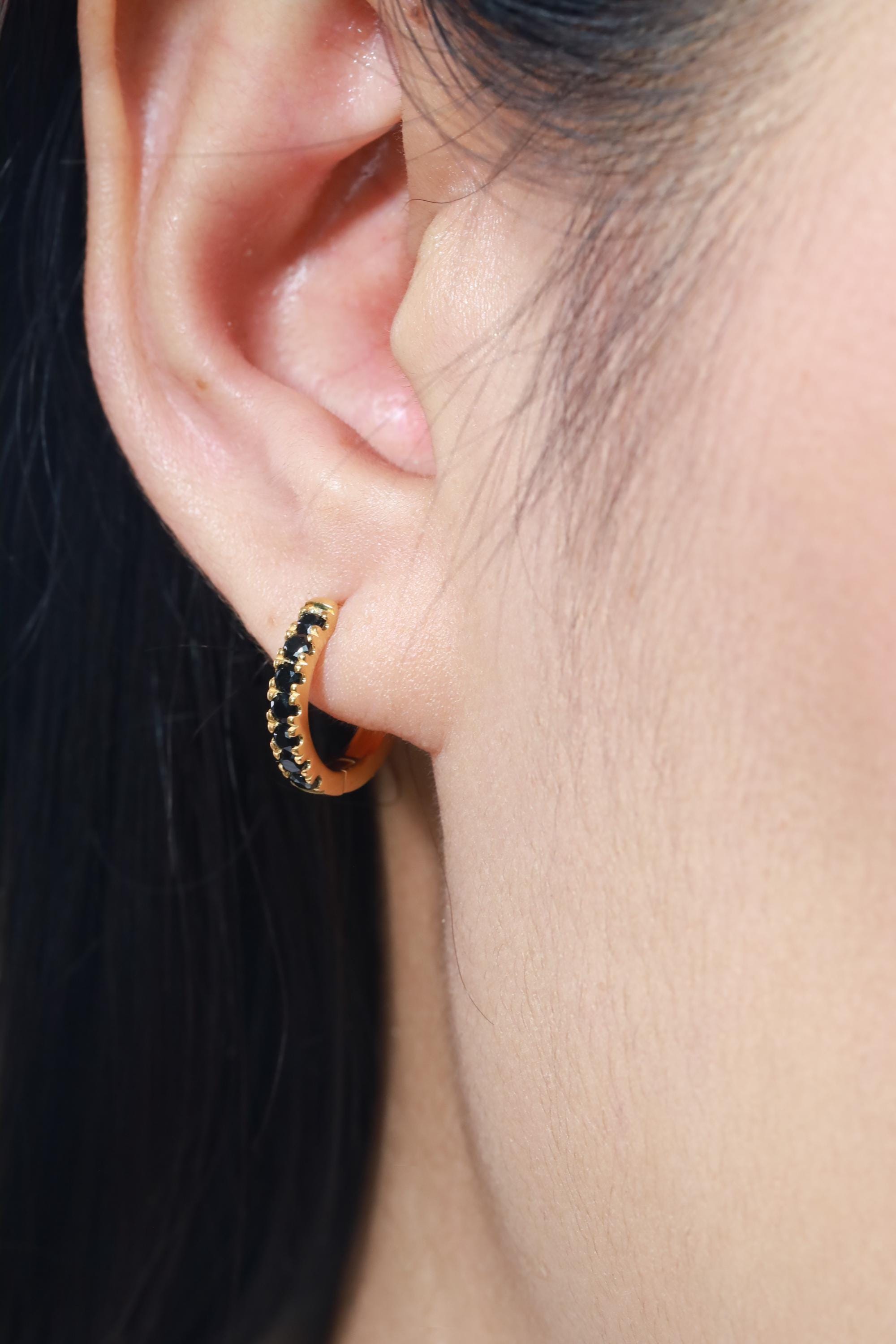 Seven Stones Black Diamonds Hoop Earrings, April Birthstone Gifts, Huggie Hoop Earrings, Minimal Hoop Earrings Gift for Women